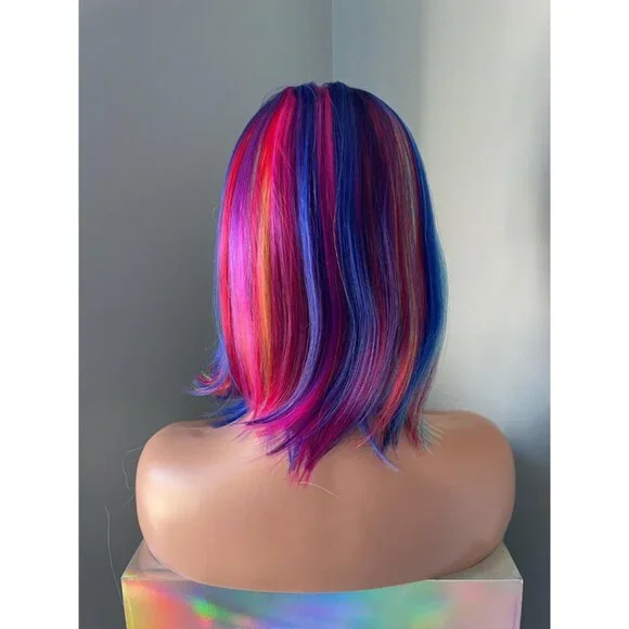 Rainbow Wig Short Wig Bright Colourful Clown Wig with Bangs 10 inch Bob Wig - Picture 5 of 9